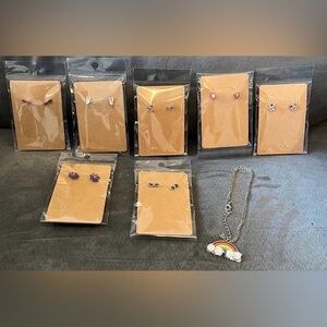 Girls Jewelry Bundle, 7 Pairs of Pierced Earrings & 1 necklace, All New